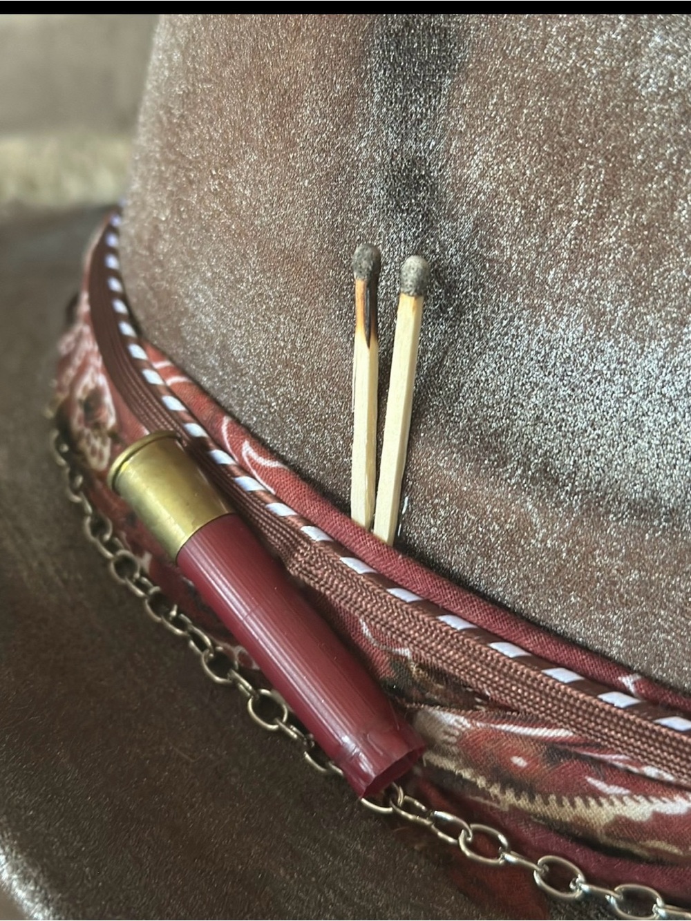 Women’s Brown Distressed Leather Western Hat with Red Bandana Accent - Picture 5 of 5